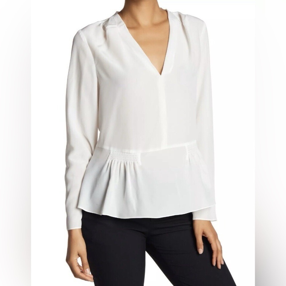 Nwt Rebecca Taylor Blouse White Ivory Peplum V-Neck 100% Silk Size 12